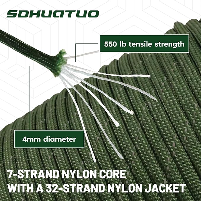 SDHUATUO Paracord Rope 1000FT, 550lb Type III Nylon Parachute Cord 7-Strand Core with Reflective Strips, Utility String for Survival, Camping Gear, Hiking, DIY, Crafting, Outdoor, ArmyGreen