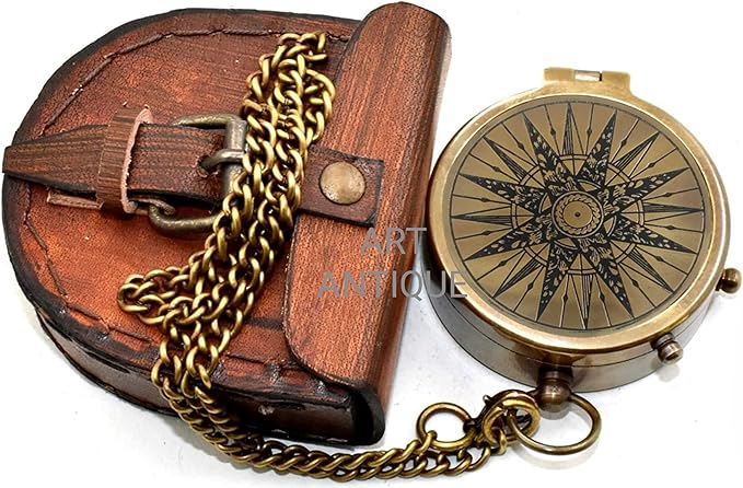 Vintage Brass Pocket Compass with Leather Case, Engraved Antique Nautical Compass for Hiking Camping Survival Navigation, Unique Gift for Men Women Husband Wife Anniversary Birthday Christmas