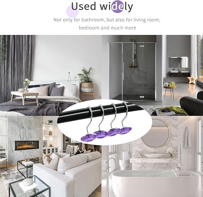 MitoVilla Purple Shower Curtain Hooks Rings, Metal Shower Hooks for Shower Curtain Liner, Purple Rust Proof Shower Rings for Curtain Accessories and Bathroom Shower Rod, 24 Pack Bathroom Set