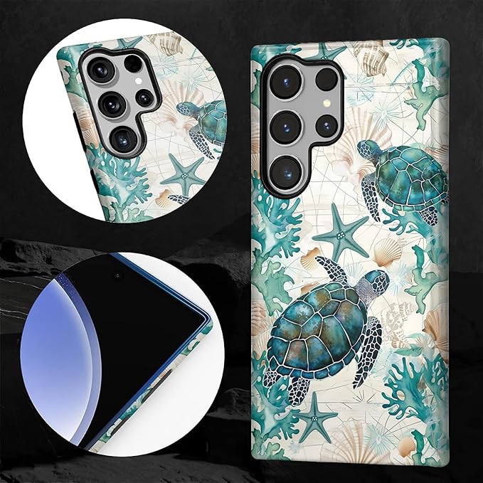 for Samsung Galaxy S23 Ultra Case,HL2 Ocean Sea Turtle Nautical Map Hybrid 2 Layer Hard Shell Silicone Protective Pattern Design Case