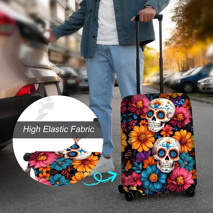 Luggage Cover Protector for 22-24 Inch Suitcases, TSA Approved Elastic Travel Suitcase Covers, Anti-Scratch Washable Luggage Sleeve for Carry On & Checked Bags, Sugar Skulls