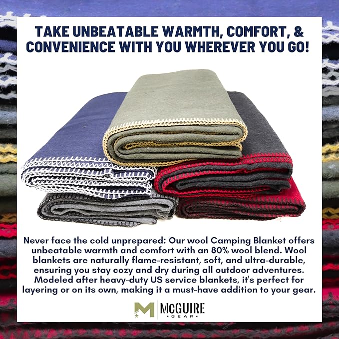 M MCGUIRE GEAR Heavy Duty Wool Blanket, Survival, Emergency, and First Aid Use – Mil-Spec, Fire Retardant, Durable Outdoor Wool Blankets for Camping. - OD Green, (64 x 90 inches)