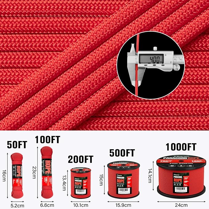 Paracord Rope 750 lb - 200ft 5/32" Parachute Cord 4MM 12-Strand para Cord - Heavy Duty Spool String for Survival,Camping Gear, Survival Bracelet, Clothesline - Red