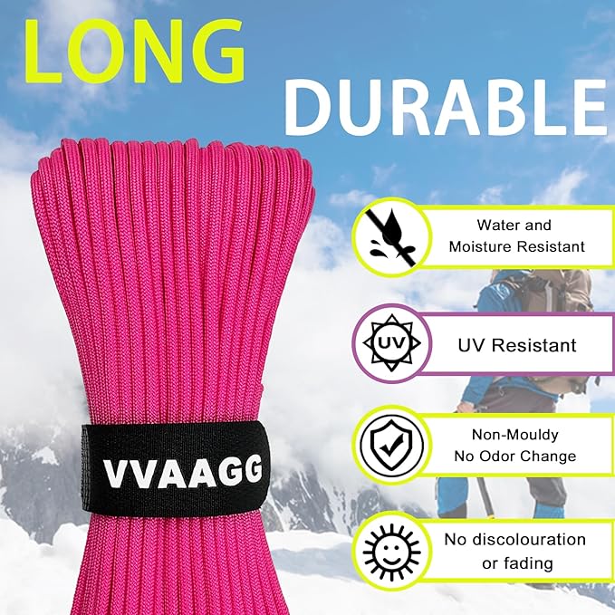 VVAAGG 1000 Pink Paracord 200FT Utility Parachute Cord 4mm Nylon String12 Strand Nylon Camping Rope, Tent Rope, Clothsline Rope for Survival & Camping Gear