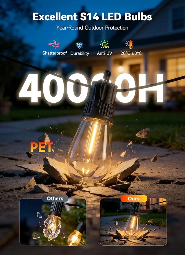 Minetom 164FT Outdoor String LED Patio Lights Waterproof,52 Shatterproof S14 Vintage Edison Bulbs,Commercial Grade Outside Hanging Lights Waterproof for Porch Deck Garden Backyard Balcony Cafe Bistro