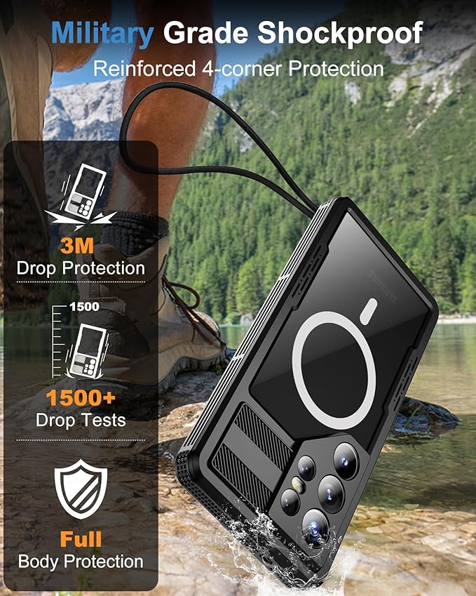 for Samsung Galaxy S24 Ultra Waterproof Case, [Fit for Magsafe] [IP68 Water Proof] [Built-in Screen Protector], Magnetic Heavy Duty Military Grade Rugged Phone Case for S 24 Ultra 6.8", Black