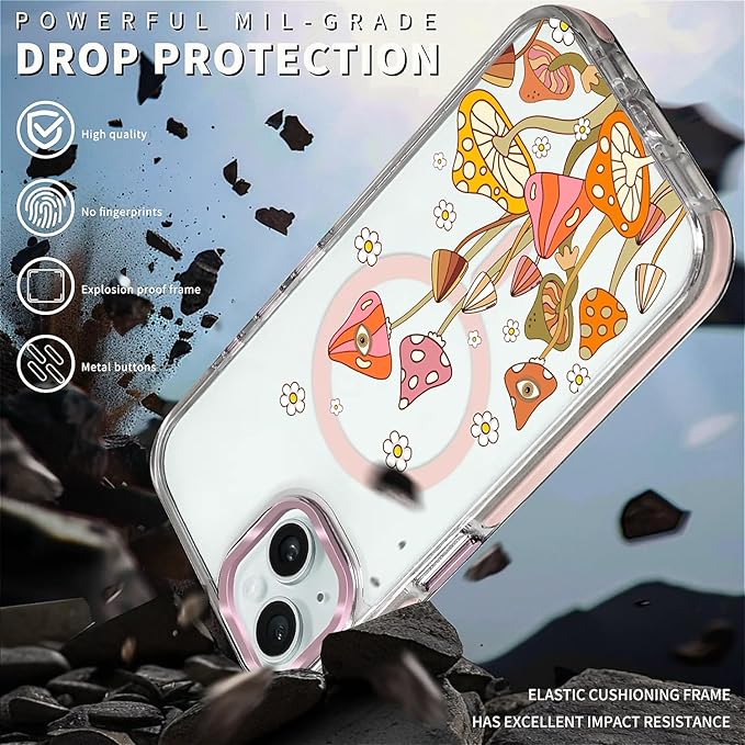 Case for iPhone 13/14,[Compatible with MagSafe],Retro Mushroom Sunflower Phone Case Design，for Women Girls Magnetic Clear Cover - Slim, Sleek, & Shockproof Protection