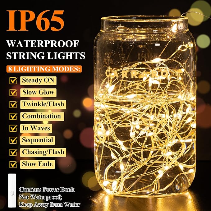 Lakumu 33FT 100 LED Fairy Lights: Rechargeable Battery Operated, Timer for Christmas Decorations, Bedroom, Tree, Wedding,Table Decor, Warm White