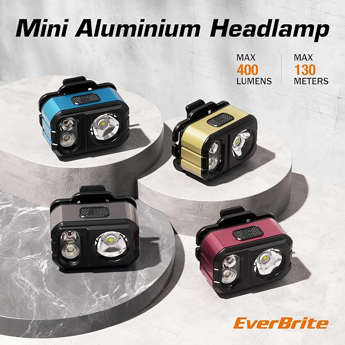EverBrite 400LM Rechargeable Headlamp, 1.59 oz Lightweight & Comfortable Head Lamp with Hat Clip, IP67 Waterproof, White/Red/Green Light, 7 Modes for Running, Camping and Backpacking-Green