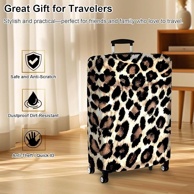 Luggage Cover Protector for 19-20 Inch Suitcases, TSA Approved Elastic Travel Suitcase Covers, Anti-Scratch Washable Luggage Sleeve for Carry On & Checked Bags, Leopard Print 02