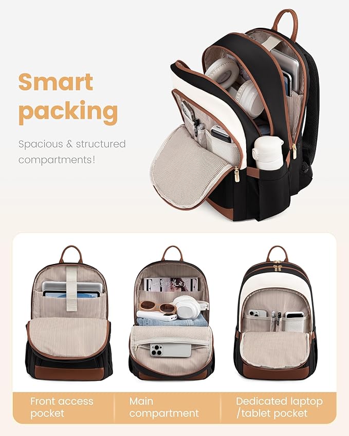 LOVEVOOK 15.6 Inch Laptop Backpack Women, Fashion Backpack with Laptop Compartment for Work College, Large Water Resistant Computer Bags Travel Backpack Purse, Beige purple