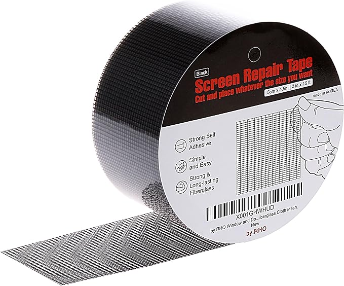 by.RHO Screen Repair Tape – Strong Self-Adhesive Window & Screen Door Repair Kit, Fiberglass Screen Patch 2"×15ft, Easy Cut and Apply, Indoor-Safe Adhesive, All-Weather (Black)