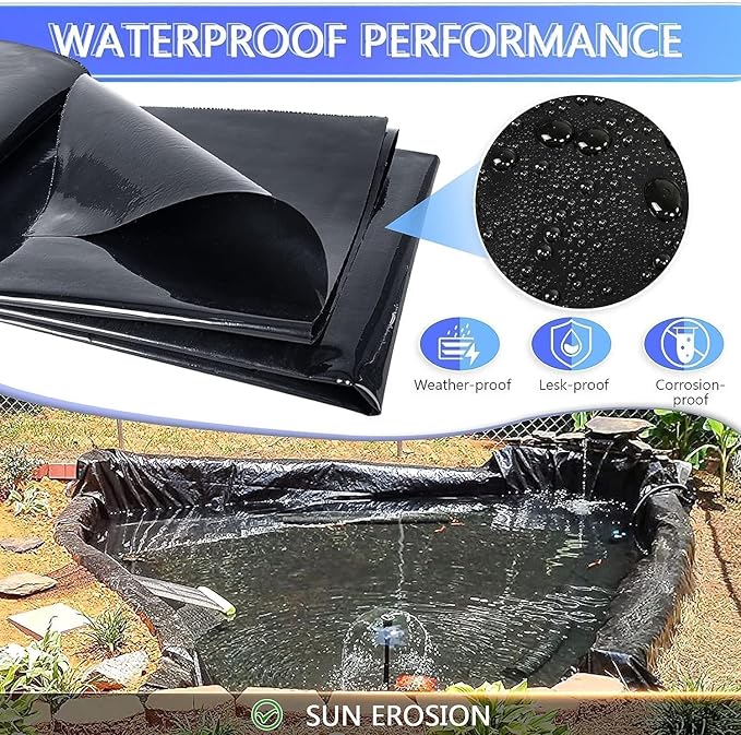 ToLanbbt Pond Liner 16 FT x 16 FT HDPE Pond Liners, 20 Mil UV Resistant Preformed Pond Liner Easy Cutting, Pond Liner for Natural Looking Ponds, Waterfall, Koi Pondsand Water Garden (Black)