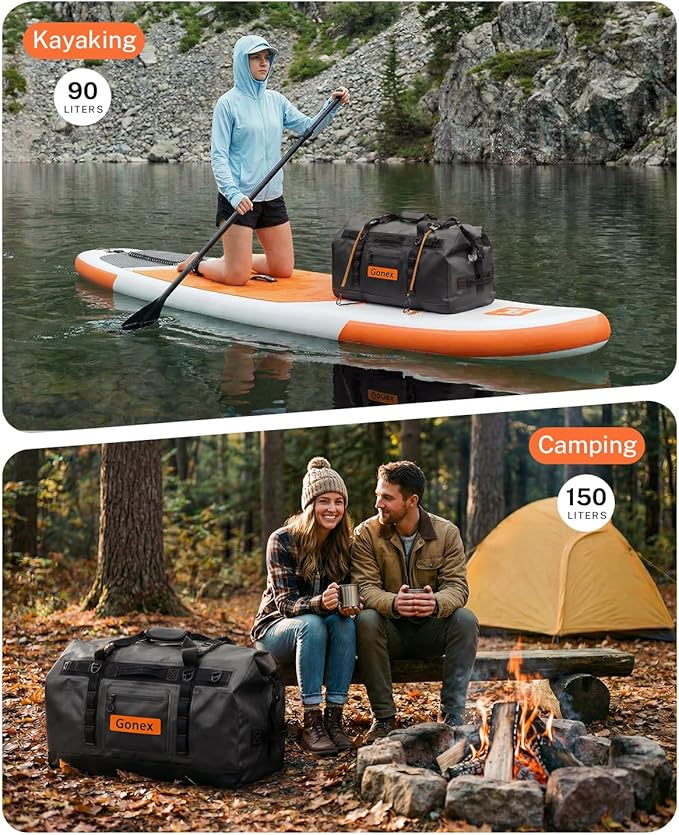 Gonex Waterproof Duffel Bag, 90L Heavy Duty Dry Duffle Bag with Reinforced Thickened Bottom, 3-in-1 Convertible Large Travel Backpack for Kayaking, Motorcycle, Camping & Boating, Black