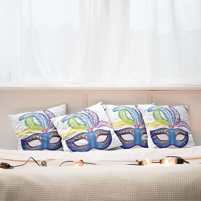 Ambesonne Mardi Gras Throw Pillow Cushion Case Pack of 4, Blue Ornate Venetian Festival with Feathers Masquerade Parade Preparations, Modern Accent Double-Sided Digital Printing, 18", Blue