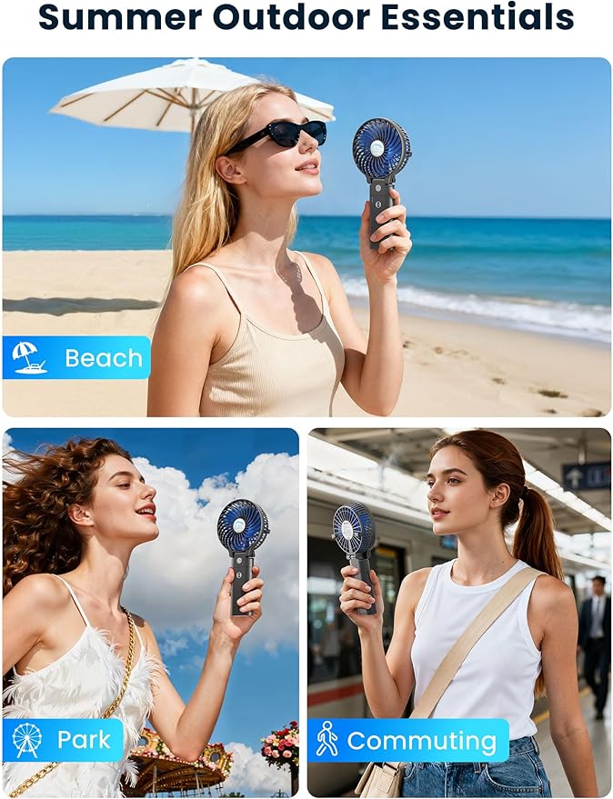 HandFan 5200mAh Portable Handheld Fan Rechargeable - 3 Speeds Foldable Personal Cooling, 2-IN-1 Hand Held Fan Battery Operated, 20H Runtime for Disney/Travel/Summer/Concerts/Women (Black&Blue)