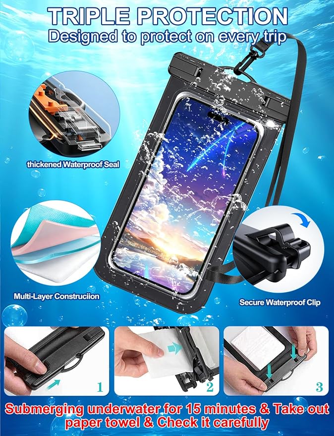 2 Pack Black Universal Waterproof Phone Pouch, Large Phone Waterproof Case Dry Bag,Protection Level: IP68,Outdoor Sports for Apple iPhone,Samsung,and More,(Fits Up to 8.3”),Black
