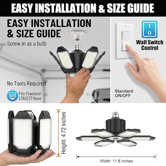 BRAINIAC 100W LED Garage Light Bulb, Deformable Garage Lighting Led with 6 Adjustable Panels, E26/E27 Screw-in Shop Lights for Basement Workshop Barn Basement Warehouse - 4Pack