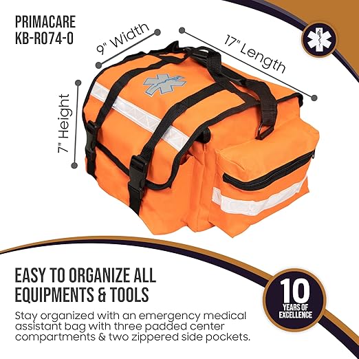 Primacare KB-RO74-O First Responder Trauma Bag, 17" x 9" x 7", Orange — EMT/EMS Medical Supply Organizer with Padded Dividers, Multiple Compartments, Side Pockets, Reflective Strip, Durable Design
