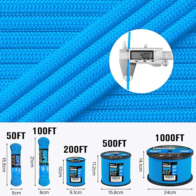 Paracord Rope 550 lb - 100ft 5/32" Parachute Cord 4MM 7-Strand para Cord - Heavy Duty Spool String for Survival,Camping Gear, Survival Bracelet, Clothesline - Blue