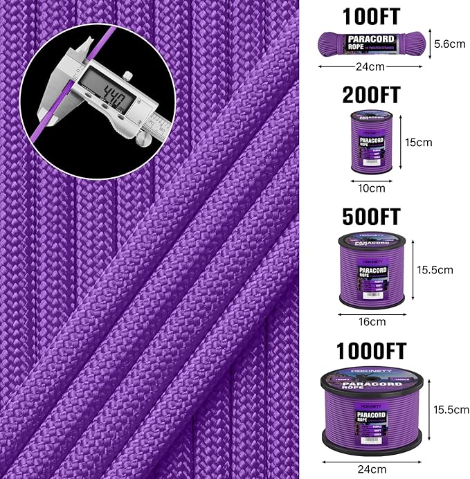 1200 Paracord Rope - 4.4mm 14 Strand Nylon Parachute Spool para Cord Lanyard for Outdoor Camping Survival Utility Tent Crafting DIY Projects Fishing Clothsline Bracelet - Purple 200FT
