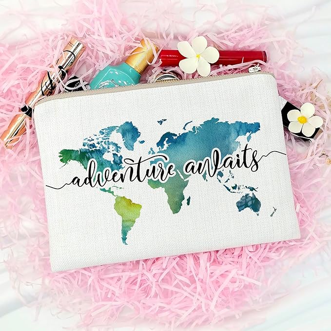 Travel Bag Adventure Awaits Makeup Case Cosmetic Bag Nature Linen World Map Makeup Bag Great Gift for Travel