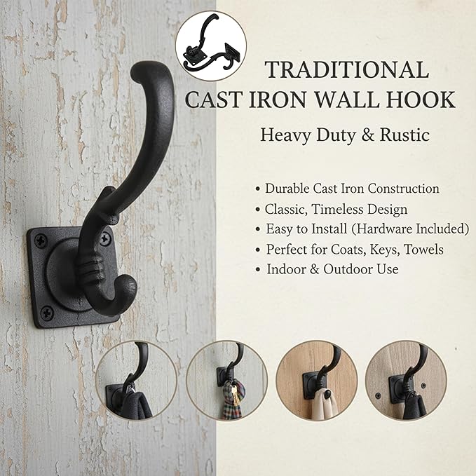Mystic Colonial Medieval Wall Hooks Hand-Forged (Set of 2) Black Coated | Rustic Heavy-Duty Hangers for Coats, Cloaks, Keys & Home Decor