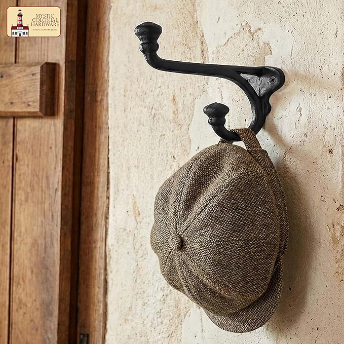 Mystic Colonial Rustic Cast Iron Wall Hooks Heavy Duty Retro Utility Hooks for Hanging Coat, Bag, Towel, Robe, Hat & More Decorative Wall Mount Hooks, Pack of 10, Black