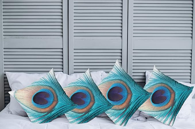 Ambesonne Feather Throw Pillow Cushion Case Pack of 4, Close up Pattern of Peacock Fluff in Vibrant Tones Natural Wildlife Theme Print, Modern Accent Double-Sided Digital Printing, 24", Aqua Cream