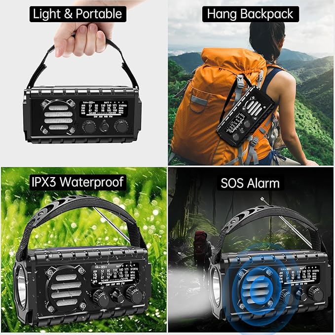 Emergency Radio Hand Crank Solar, AM/FM/SW NOAA Weather Radio Built-in 20000mah Large Battery Powered,Type-C Charger,Flashlight, Reading Light,SOS, Compact & Portable for Camping/Emergencies