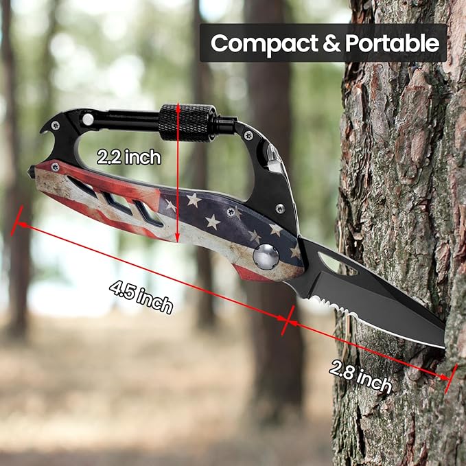 FUNBRO Multitool Carabiner Knife Tools for Men, Cool Gadgets Survival Gear with Folding Knives, Bottle Opener, Window Breaker and Screwdriver for Hiking Camping, 7-in-1 EDC Multi Tool (USA Flag)