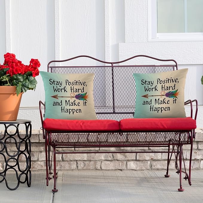 Swono Pillow Covers 18X18 Inch Set of 2 Life Quote, Throw Pillow Cases Stay Positive Work Hard and Make It Happen Arrow Pillowcase Cushion Cover Decorative for Outdoor Home Sofa Bedroom Livingroom