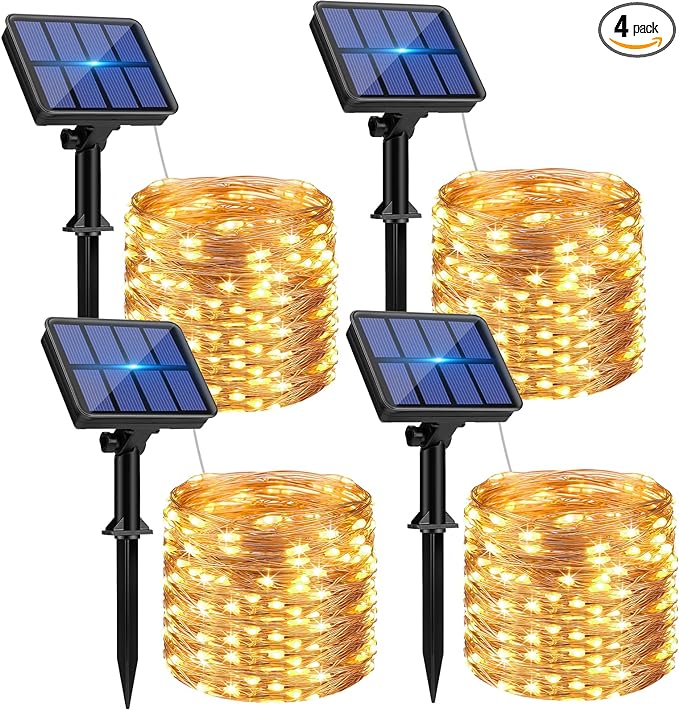 btfarm 4 Pack Solar String Lights Outdoor - Total 132FT 320LED Solar Fairy Lights Outside Waterproof 8 Modes, Copper Wire Solar Powered Twinkle Light for Garden Tree Christmas Wedding Party,Warm White