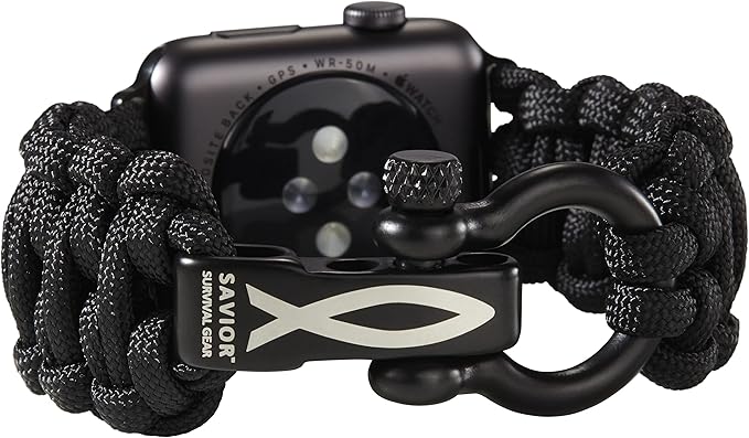 Savior Survival Gear Paracord Watch Band Compatible with Apple Watch 38mm, 40mm Apple Watch, and 41mm Apple Watch - Paracord Watch Band with Stainless Steel Adjustable Shackle (Black, Large)