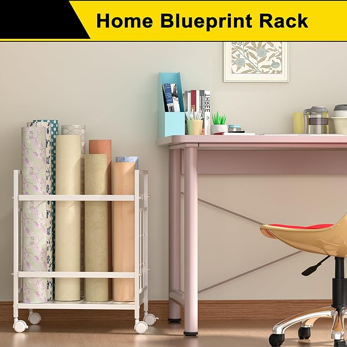 GIOTORENT Blueprint Storage Rack, Blueprint Holder with Wheels, Used for Storing Map/Poster/Blueprint/Architectural Construction Plan, 12 Slots, 2 Brakes, Silent Wheel for Home, Office, School(White)