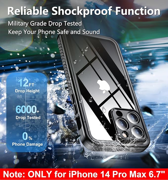 SPIDERCASE Only Designed for iPhone 14 Pro Max Case Waterproof [12FT Military Dropproof] [Built-in Screen Protector] [IP68 Underwater] Full Body Shockproof Protective Phone Case 6.7'' 2022, Black