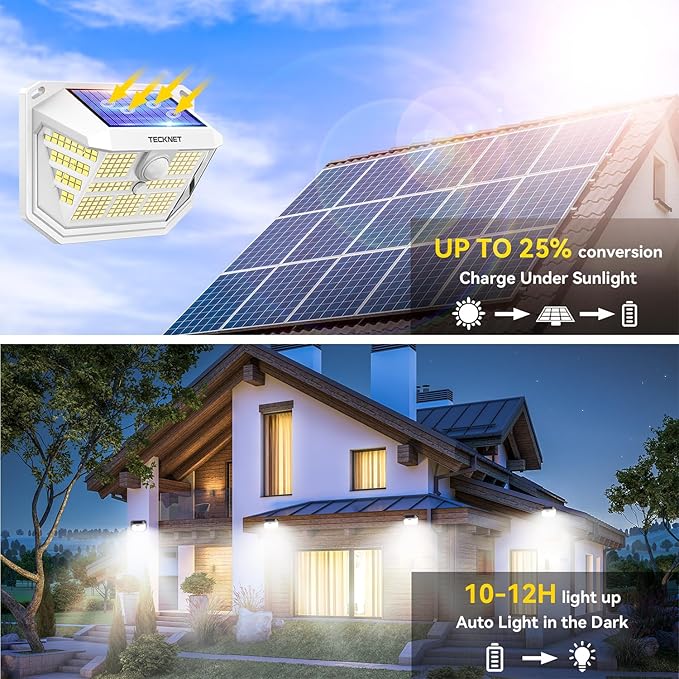 TECKNET 231 LED Solar Motion Lights Outdoor Waterproof, 4 Pack 300° Angle & 3 Lighting Modes PIR Motion Sensor Security Solar Wall Lights IP65 for Fence Front Door Yard Deck Garden Garage