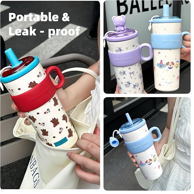 21oz Cute Bear Car Cup with Straw & Cap, Leak-Proof Portable Mug with Tea Strainer, Insulated for Hot/Cold - Ideal for Car, Office, Outdoor (Red)