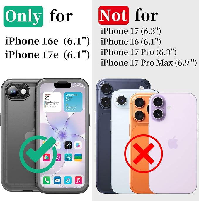 Cozycase TOP Military Protective IP68 Waterproof Case for iPhone 16e/iPhone 17e Heavy Duty 360 Shockproof Full Body with Screen Camera Protector Double Dustproof Hard Tough Front Back Cover Black