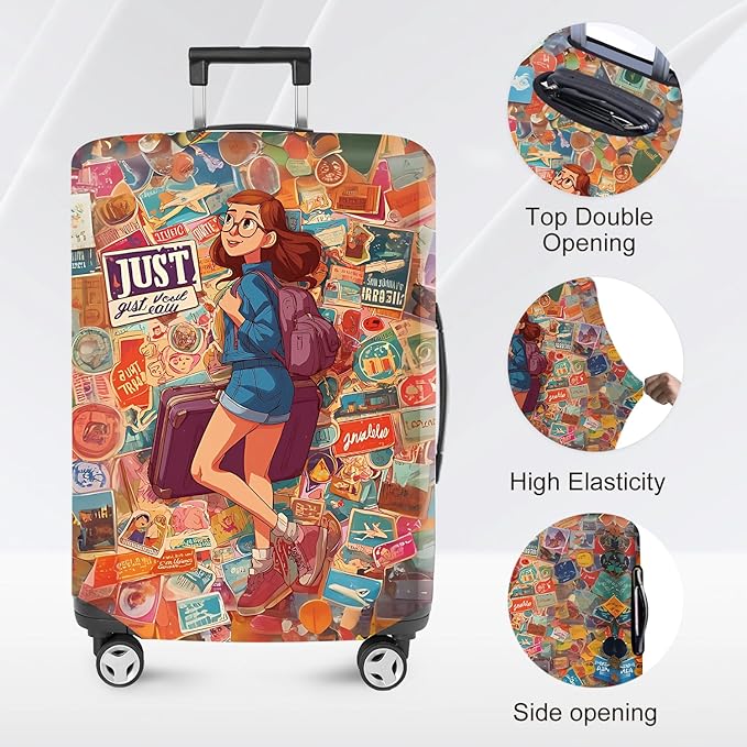ANNA QUEEN Vintage Travel Stickers Gir Luggage Cover -Stretchable Airplane Suitcase Protector Sleeve,Universal Washable Fit for 32-34 Inch Checked Baggage,Water Resistant Durable Luggage Protector