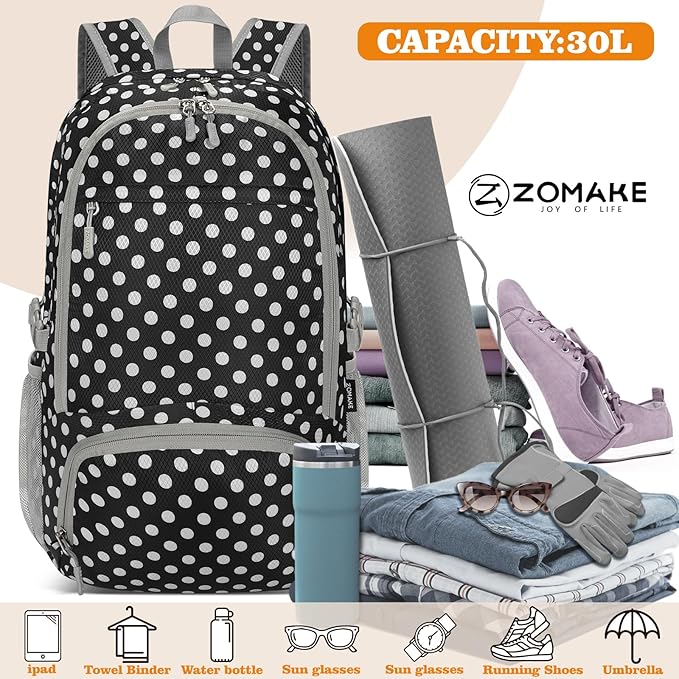 ZOMAKE Lightweight Packable Backpack 30L, Foldable Hiking Backpacks Water Resistant Compact Folding Daypack for Travel(Black，White polka dots)
