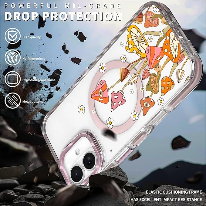 Case for iPhone 16 Plus,[Compatible with MagSafe],Retro Mushroom Sunflower Phone Case Design，for Women Girls Magnetic Clear Cover - Slim, Sleek, & Shockproof Protection
