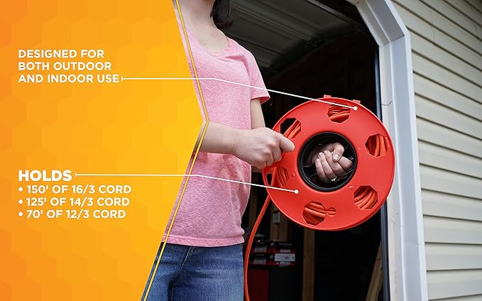 Woods Heavy Duty Cord Storage Wheel - Holds Up to 150 Feet-of 16/3 or 125 Feet-of 14/3 Gauge Cord - Tangle-Free Design for Extension Cords,Rope,or Hose - - Black,(Pack of 8)