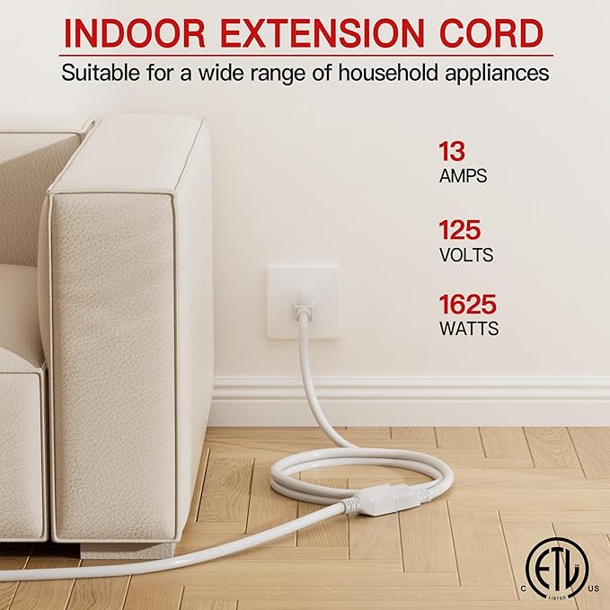 16/3 Short Extension Cord 3 FT, White Extension Cord Flexible & Durable, Indoor 3 Prong Power Cable, Suitable for Home and Office, 13 Amp 1625 Watt 125VAC 16AWG, ETL Listed