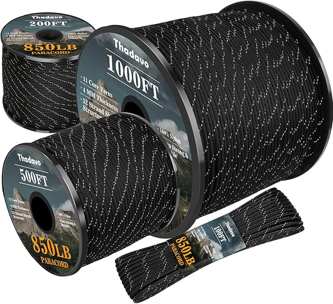 Reflective Paracord Rope 850Ib, 50/100/200/500/1000ft 4MM 11 Strand para Cords Lanyard Utility Parachute Cord for Tent Camping Hiking Fishing Survival Clothesline DIY Projects, Black 50FT