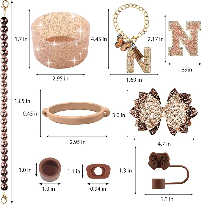 9PCS Brown for Stanley Cup Accessories Set Bling Initials Bow Charms for Stanley Decorations 30/40 Oz Tumbler Accessories Including Bow Straw Topper, Handle Strap, Spill Stopper（Letter N）