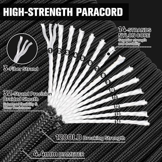 1200 Paracord Rope - 4.4mm 14 Strand Nylon Parachute Spool para Cord Lanyard for Outdoor Camping Survival Utility Tent Crafting DIY Projects Fishing Clothsline Bracelet - Black 300FT