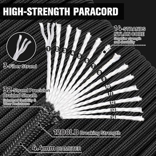 1200 Paracord Rope - 4.4mm 14 Strand Nylon Parachute Spool para Cord Lanyard for Outdoor Camping Survival Utility Tent Crafting DIY Projects Fishing Clothsline Bracelet - Black 50FT
