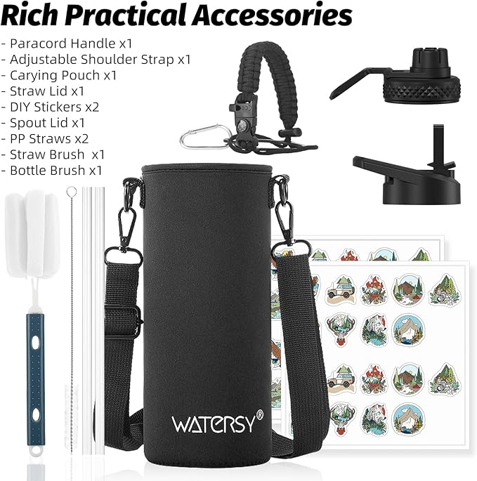 40oz Insulated Water Bottle (Cold for 48 Hrs),BPA Free&Leak Proof,Stainless Steel Water Flask,Water Jug with Straw Spout Lids for Gym,Hiking,Travel,Black