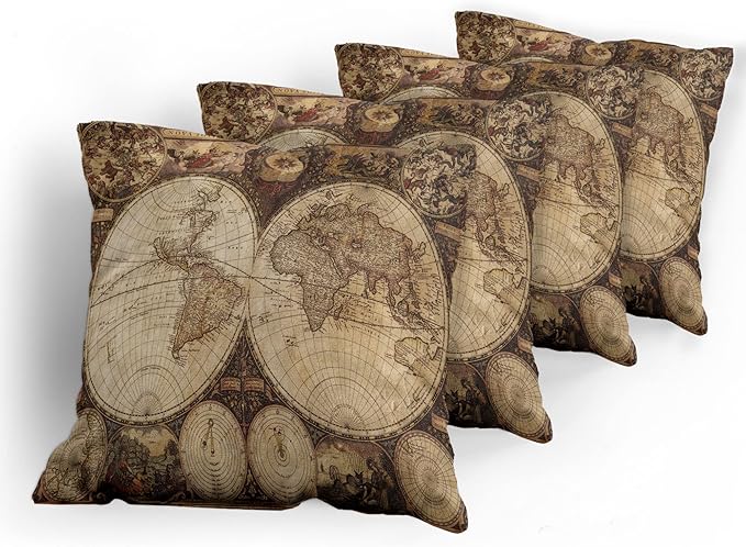 Ambesonne World Map Throw Pillow Cushion Case Pack of 4, Old World Map Drawn in 1720s Nostalgic Style Art Historical Atlas Vintage Design, Modern Accent Double-Sided Digital Printing, 18", Beige Brown